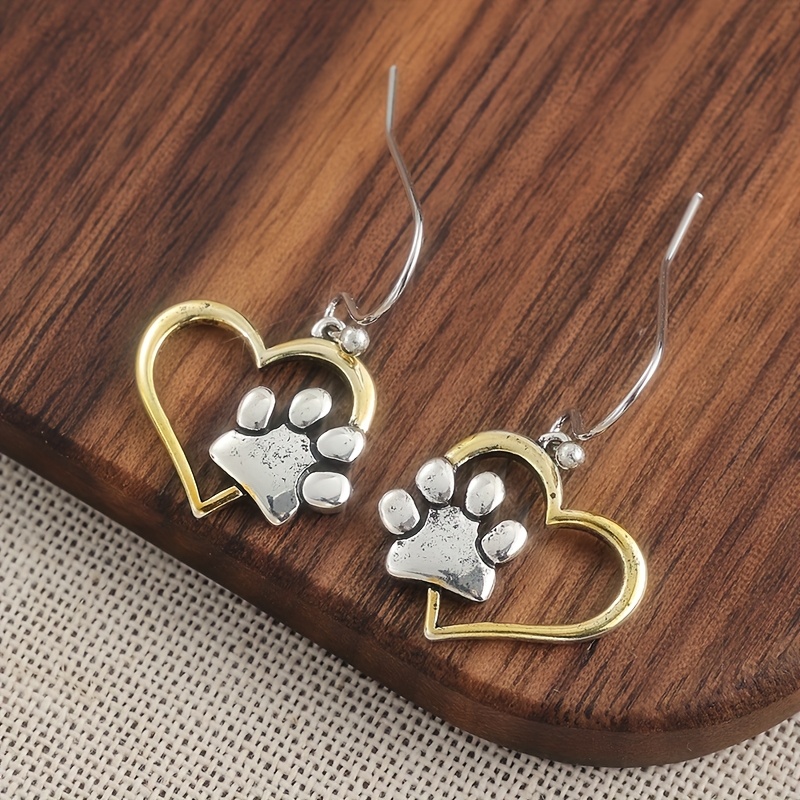 Two Tone Heart-shaped Paw Print Earrings, Copper Anti-Allergy